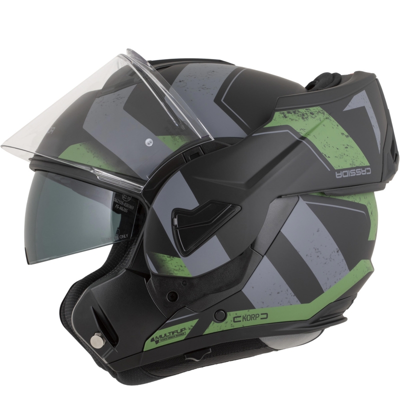 Cască de motocicletă Cassida MultiFlip Korp flip-up, negru mat-verde-gri