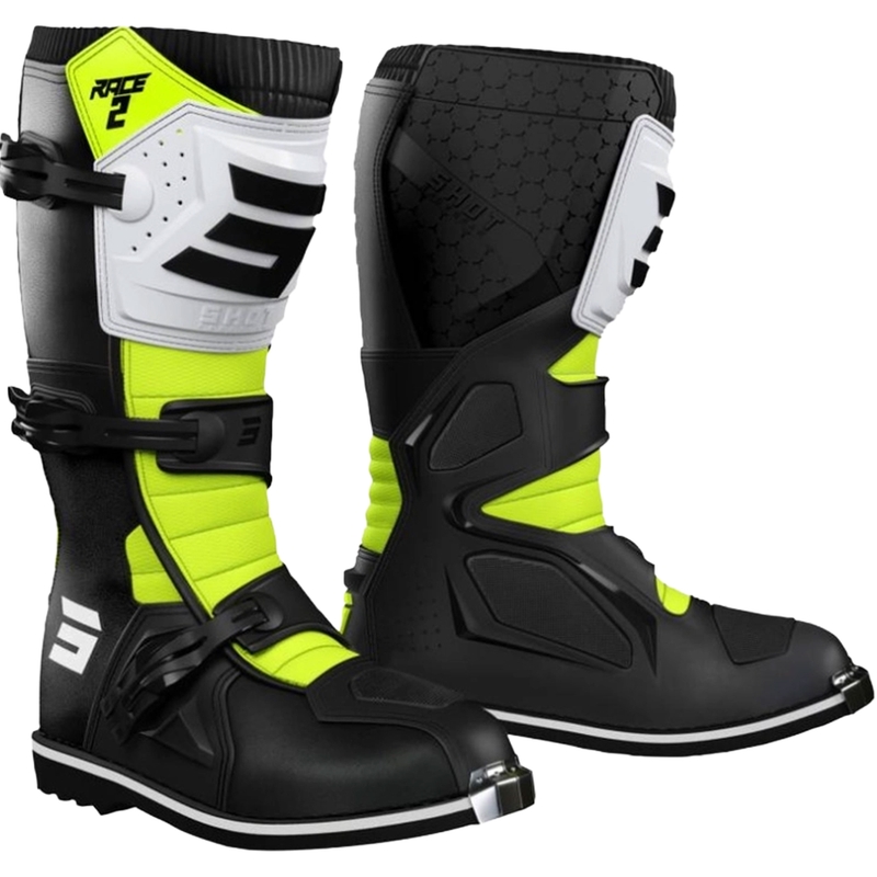 Cizme de motocicletă pentru copii Shot Race 2 negru-alb-galben-fluo