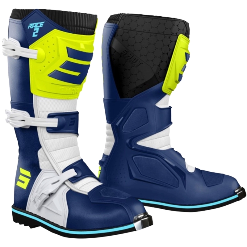 Ghete de motocicleta pentru copii Shot Race 2 albastru-alb-galben fluo