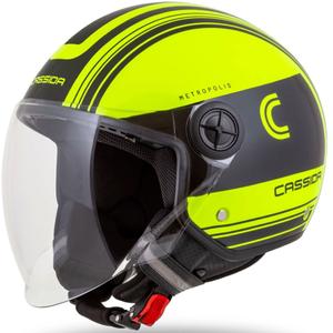Cască de motocicletă deschisă Cassida Handy Metropolis Safety galben fluo-negru-reflectorizant gri deschis