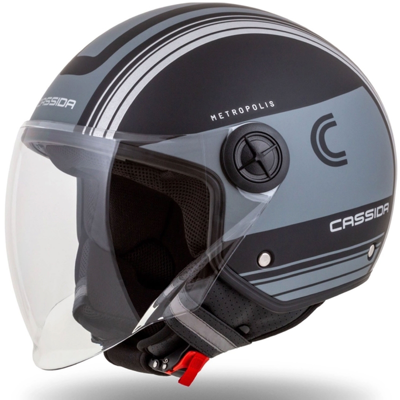 Cască de motocicletă Cassida Handy Metropolis Vision open face, neagră-gri reflectorizant
