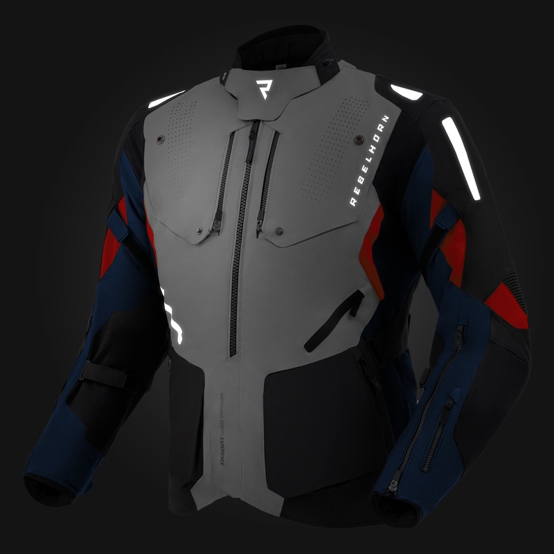 Geacă motociclistă Rebelhorn Hiker IV gri deschis-albastru-roșu