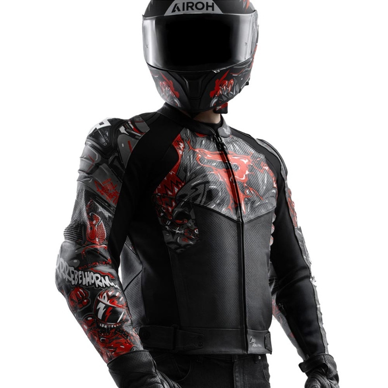 Geacă de motocicletă din piele Rebelhorn Vandal 2 Cruze negru-gri închis-roșu