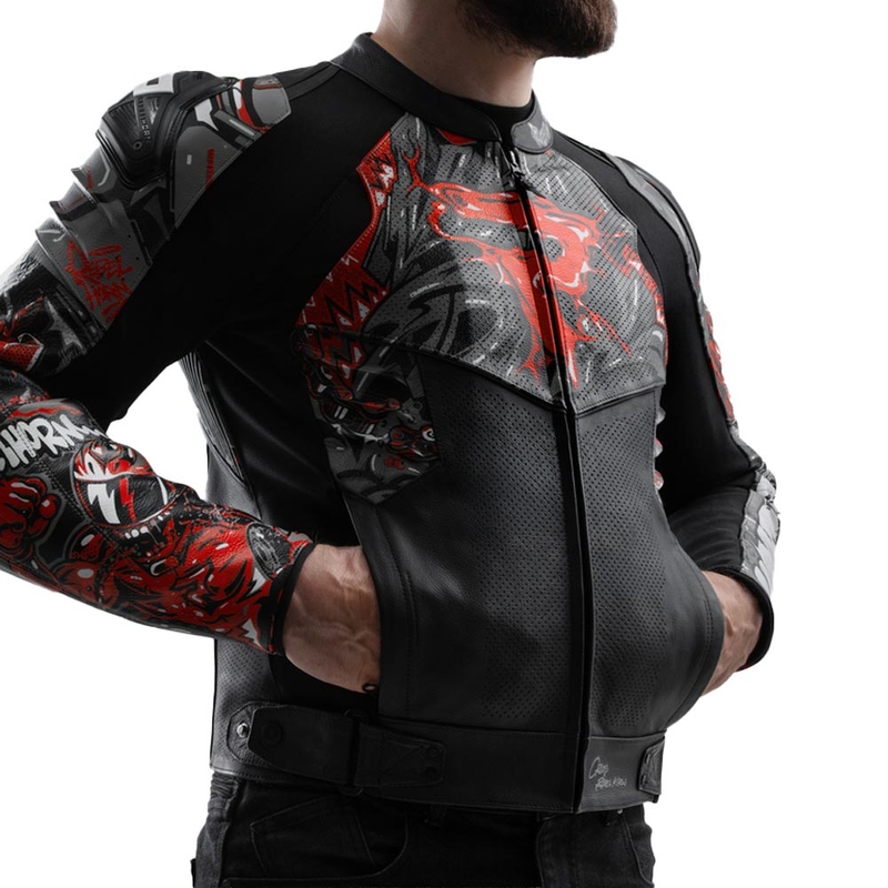 Geacă de motocicletă din piele Rebelhorn Vandal 2 Cruze negru-gri închis-roșu