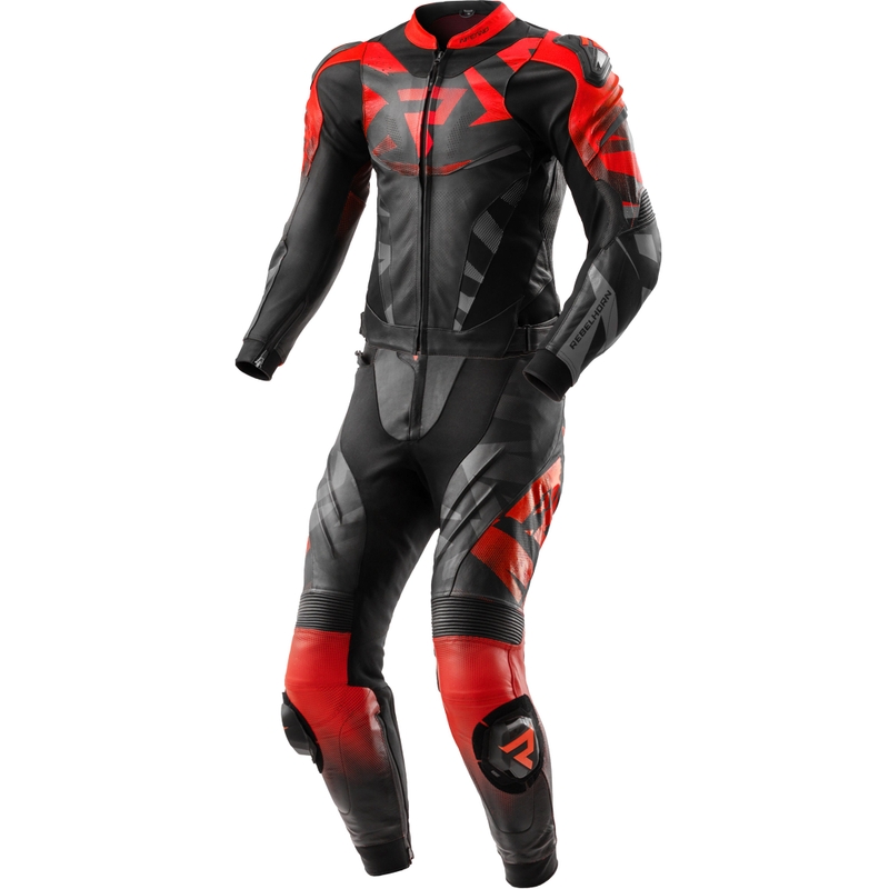 Costum de motocicletă din piele din două piese Rebelhorn Inferno negru-roșu fluo