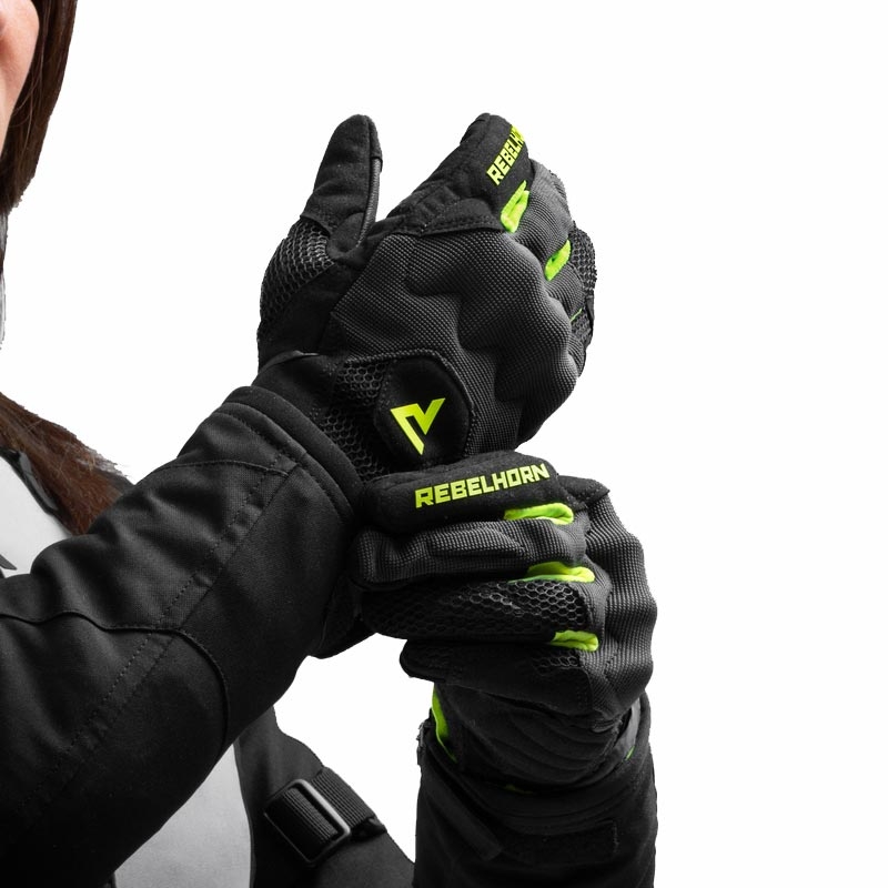 Mănuși de motocicletă pentru femei Rebelhorn Core negru-gri-galben fluo