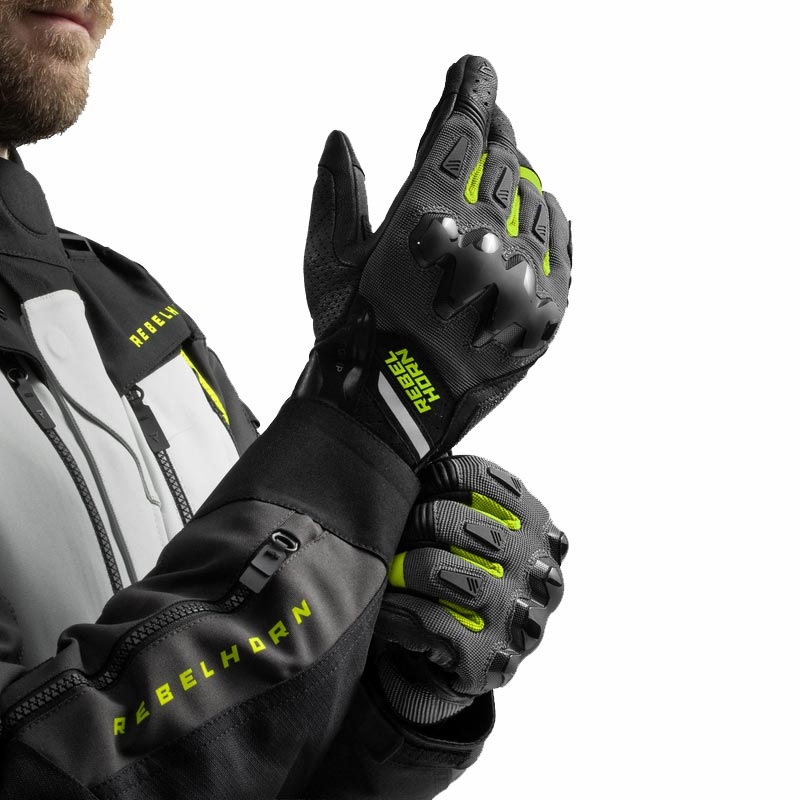 Mănuși de motocicletă Rebelhorn Defender negru-gri-galben fluo