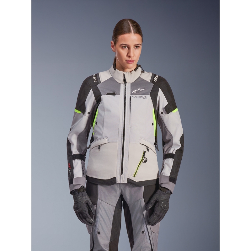 Geacă de motocicletă Alpinestars Stella Andes V4 Drystar pentru femei, gri închis-gri deschis-negru-galben fluo