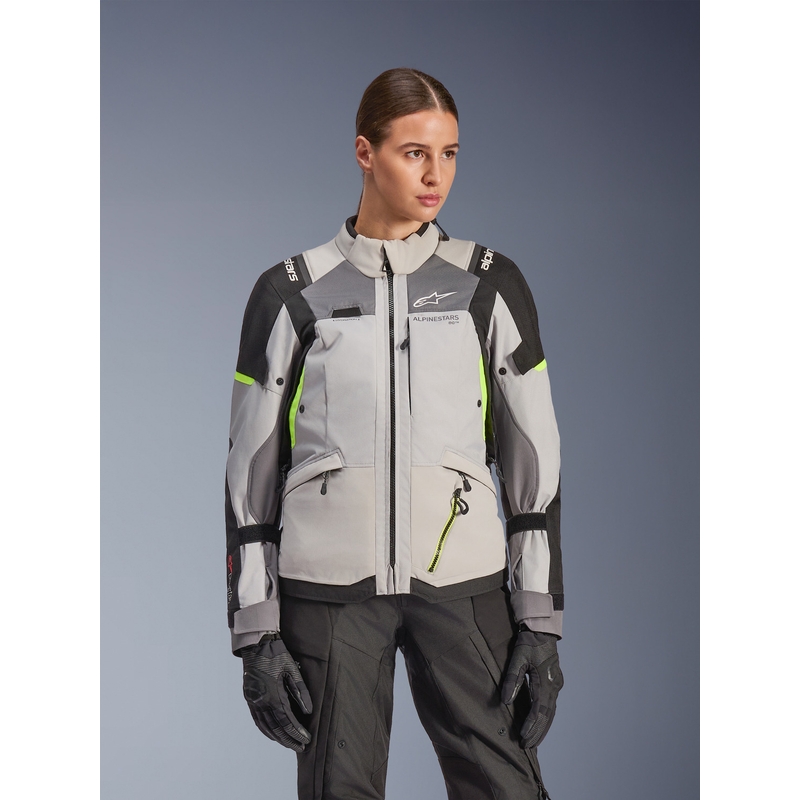Geacă de motocicletă Alpinestars Stella Andes V4 Drystar pentru femei, gri închis-gri deschis-negru-galben fluo