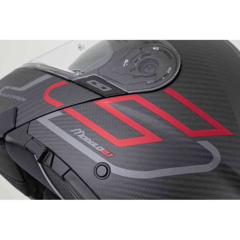 Cască de motocicletă pliabilă Cassida Modulo 2.1 Plus Carbon BlackOut negru mat-roșu metalic-argintiu reflectorizant-negru