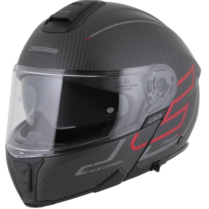 Cască de motocicletă pliabilă Cassida Modulo 2.1 Plus Carbon BlackOut negru mat-roșu metalic-argintiu reflectorizant-negru
