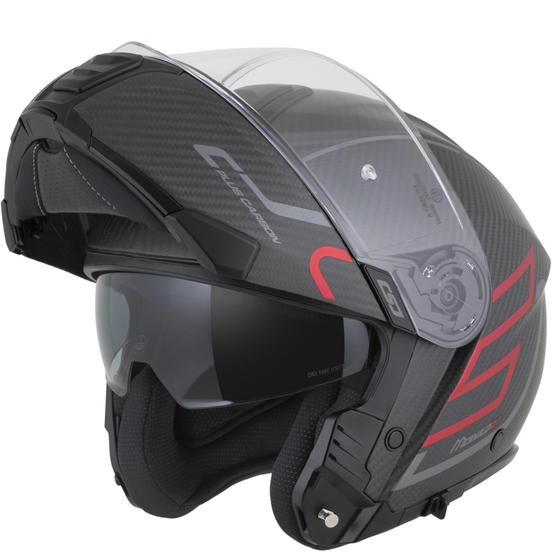 Cască de motocicletă pliabilă Cassida Modulo 2.1 Plus Carbon BlackOut negru mat-roșu metalic-argintiu reflectorizant-negru