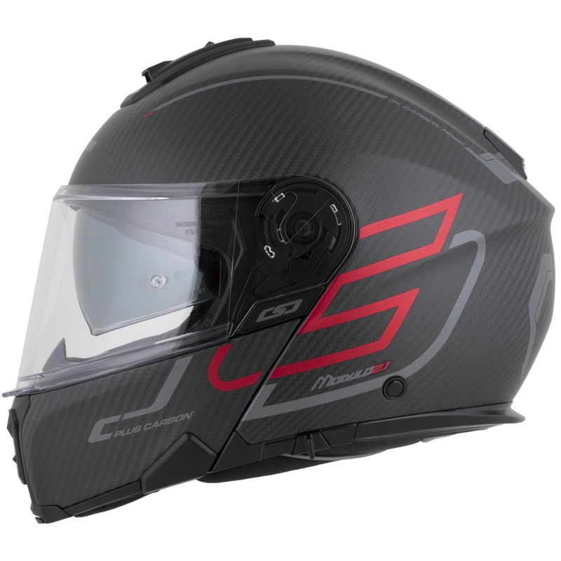 Cască de motocicletă pliabilă Cassida Modulo 2.1 Plus Carbon BlackOut negru mat-roșu metalic-argintiu reflectorizant-negru