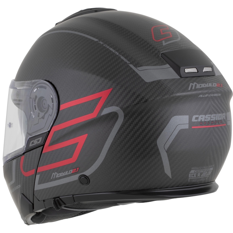Cască de motocicletă pliabilă Cassida Modulo 2.1 Plus Carbon BlackOut negru mat-roșu metalic-argintiu reflectorizant-negru