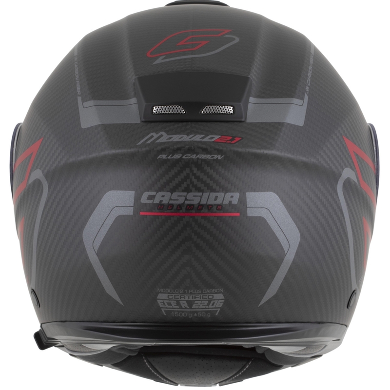 Cască de motocicletă pliabilă Cassida Modulo 2.1 Plus Carbon BlackOut negru mat-roșu metalic-argintiu reflectorizant-negru