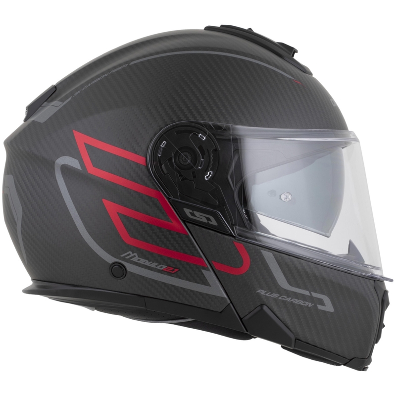 Cască de motocicletă pliabilă Cassida Modulo 2.1 Plus Carbon BlackOut negru mat-roșu metalic-argintiu reflectorizant-negru