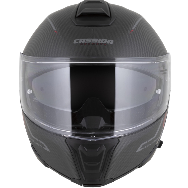 Cască de motocicletă pliabilă Cassida Modulo 2.1 Plus Carbon BlackOut negru mat-roșu metalic-argintiu reflectorizant-negru