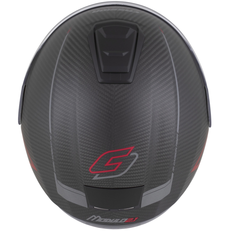 Cască de motocicletă pliabilă Cassida Modulo 2.1 Plus Carbon BlackOut negru mat-roșu metalic-argintiu reflectorizant-negru