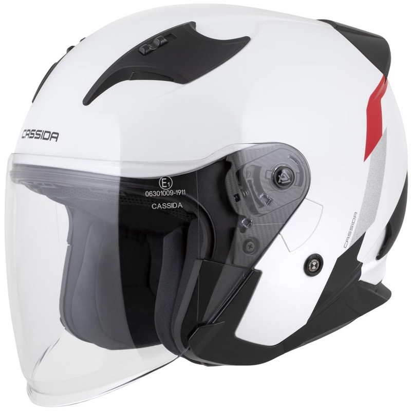 Cască de motocicletă deschisă Cassida Reflex 2.0 Safety, alb-roșu-gri-argintiu reflectorizant