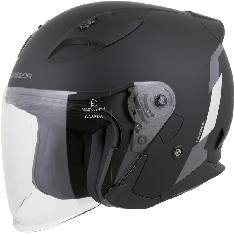Cască de motocicletă Cassida Reflex 2.0 Safety Open Face, neagră mată, gri și argintie reflectorizantă