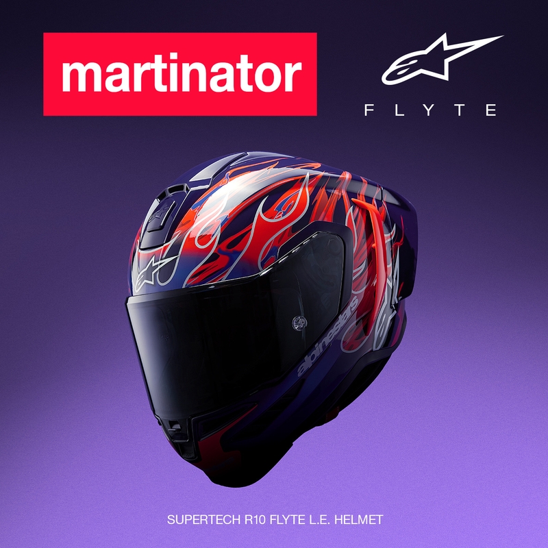Cască integrală de motocicletă Alpinestars Supertech R-10 Flyte, ediție limitată, Jorge Martin, violet-roșu
