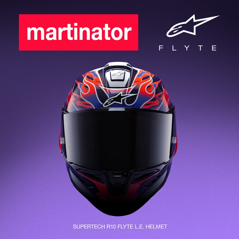 Cască integrală de motocicletă Alpinestars Supertech R-10 Flyte, ediție limitată, Jorge Martin, violet-roșu