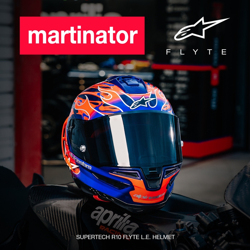 Cască integrală de motocicletă Alpinestars Supertech R-10 Flyte, ediție limitată, Jorge Martin, violet-roșu