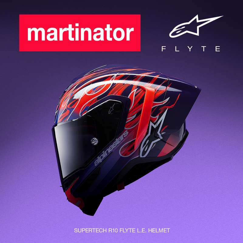 Cască integrală de motocicletă Alpinestars Supertech R-10 Flyte, ediție limitată, Jorge Martin, violet-roșu