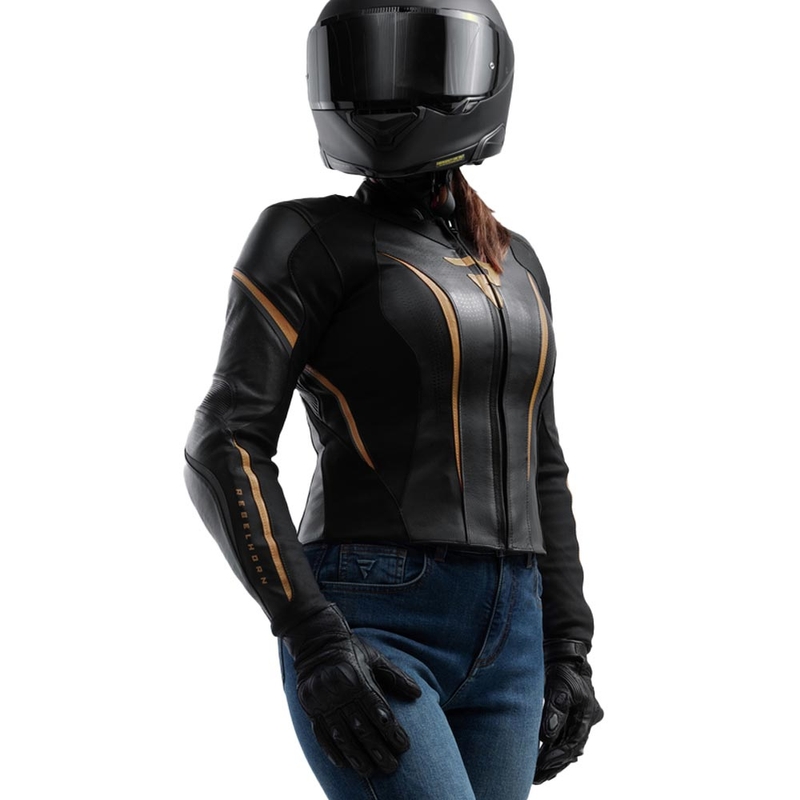 Geacă de motocicletă din piele pentru femei Rebelhorn Diva ST negru-auriu