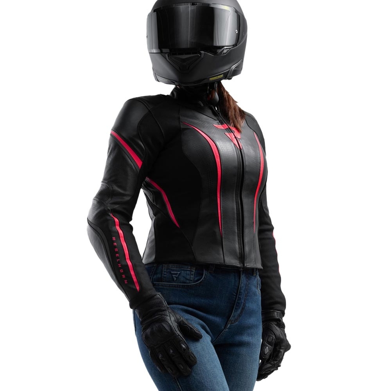 Geacă de motocicletă din piele pentru femei Rebelhorn Diva ST negru-roz