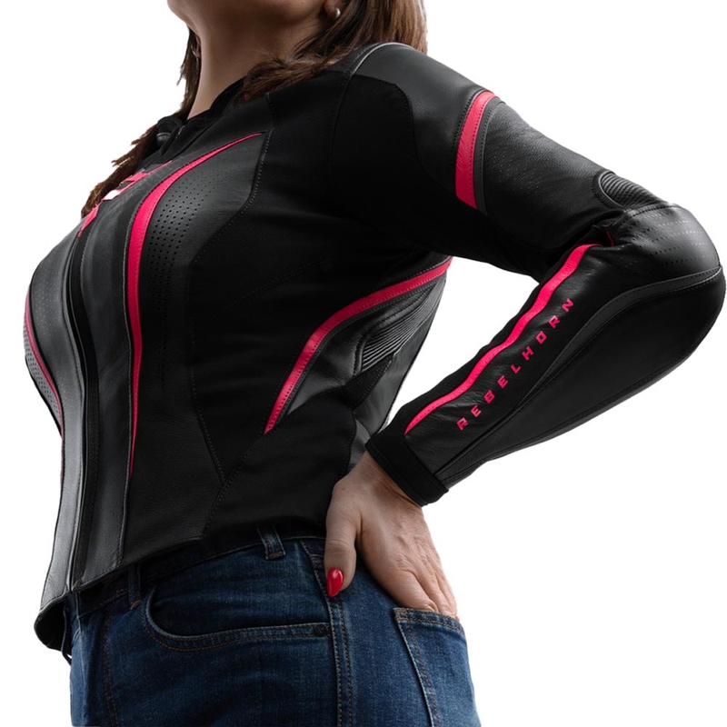 Geacă de motocicletă din piele pentru femei Rebelhorn Diva ST negru-roz