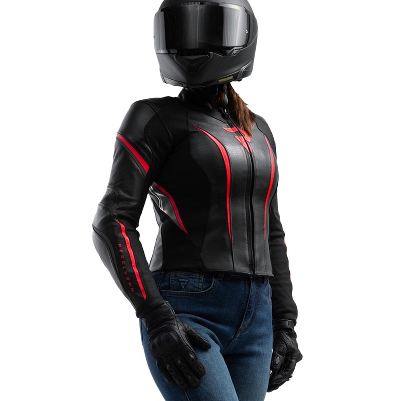 Geacă de motocicletă din piele pentru femei Rebelhorn Diva ST negru-roșu-alb