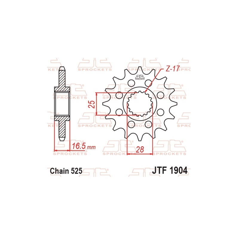 Pinion fata JT 17T, 525 rubber cushioned