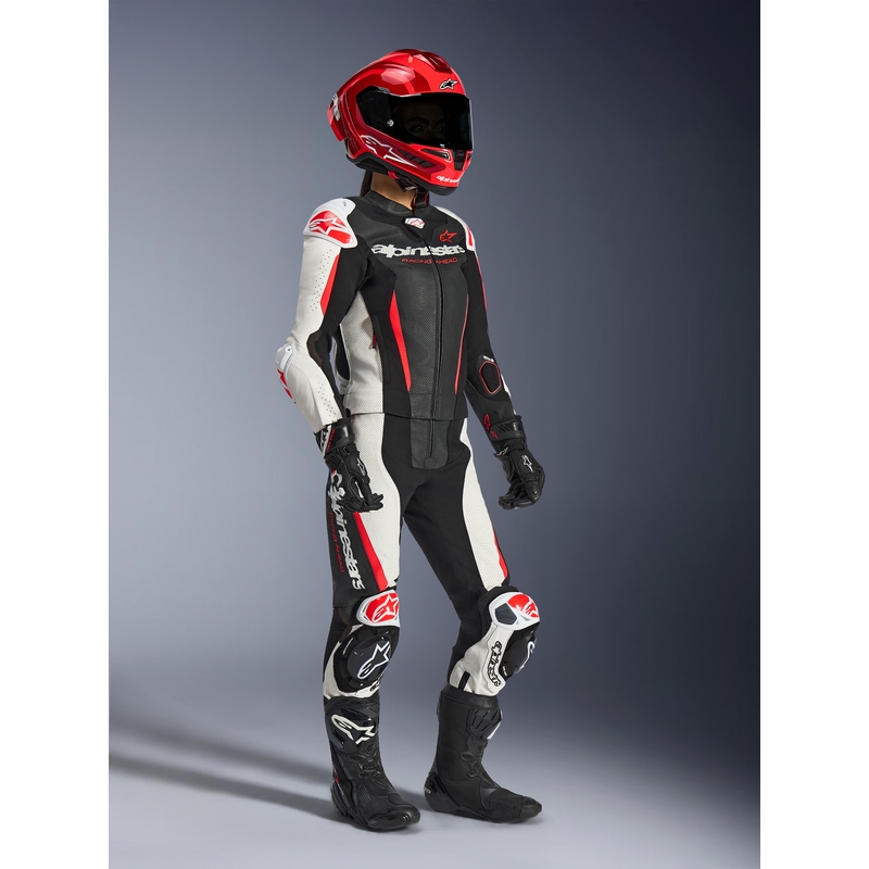 Costum de motocicletă din piele pentru femei, format din două piese, Alpinestars Stella GP-R7, negru-alb-roșu fluo