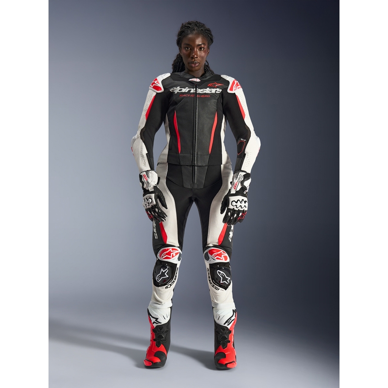 Costum de motocicletă din piele pentru femei, format din două piese, Alpinestars Stella GP-R7, negru-alb-roșu fluo