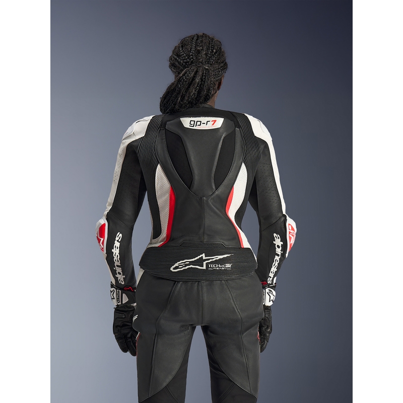 Costum de motocicletă din piele pentru femei, format din două piese, Alpinestars Stella GP-R7, negru-alb-roșu fluo