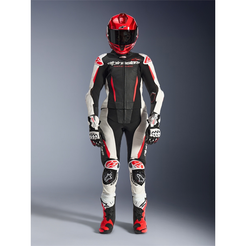 Costum de motocicletă din piele pentru femei, format din două piese, Alpinestars Stella GP-R7, negru-alb-roșu fluo