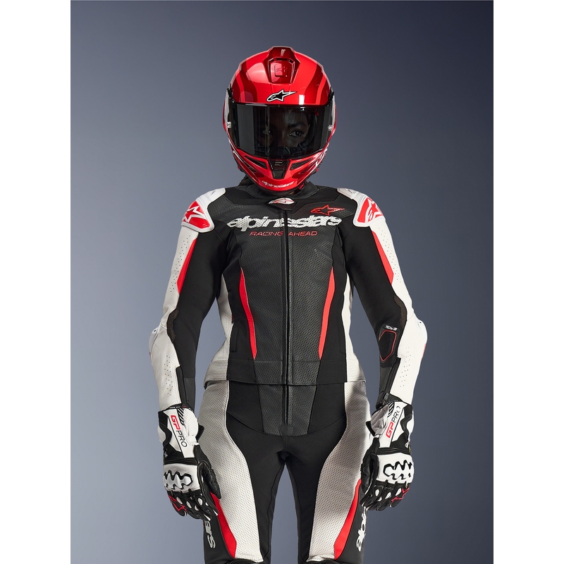 Costum de motocicletă din piele pentru femei, format din două piese, Alpinestars Stella GP-R7, negru-alb-roșu fluo