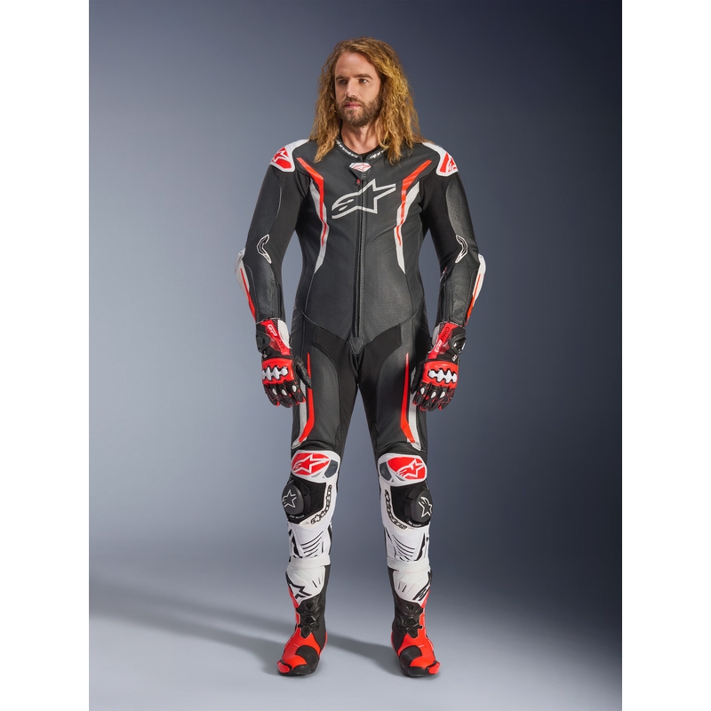 Costum de motocicletă din piele Alpinestars GP TECH V5 negru-alb-roșu fluo