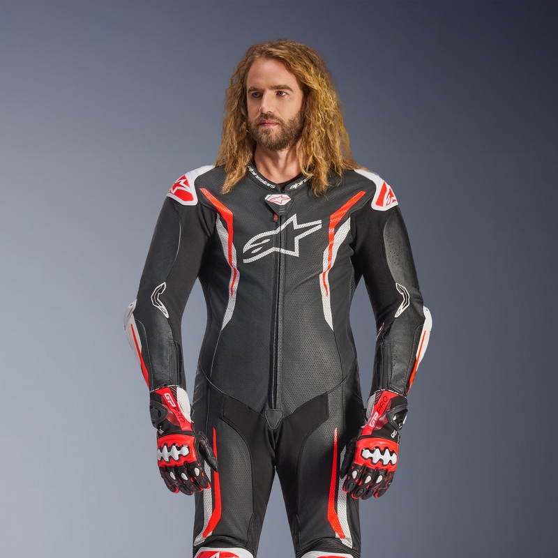 Costum de motocicletă din piele Alpinestars GP TECH V5 negru-alb-roșu fluo