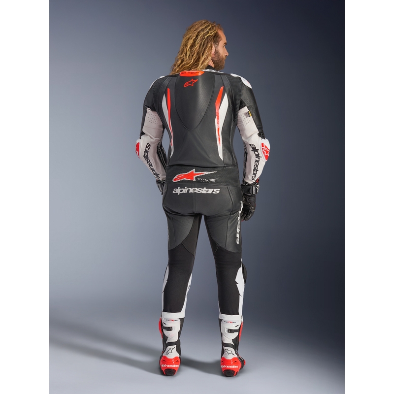 Costum de motocicletă din piele Alpinestars GP TECH V5 negru-alb-roșu fluo