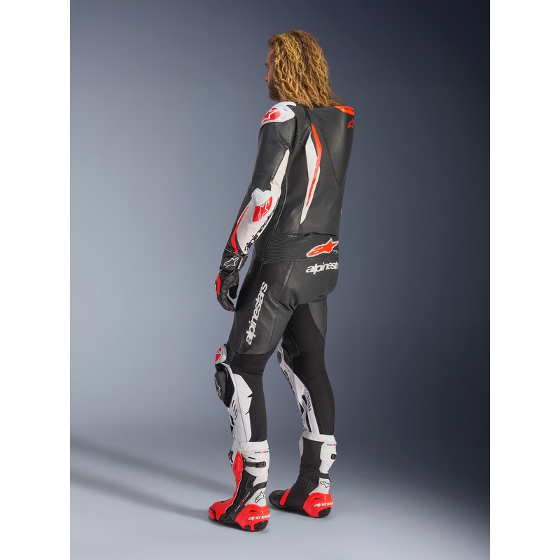 Costum de motocicletă din piele Alpinestars GP TECH V5 negru-alb-roșu fluo