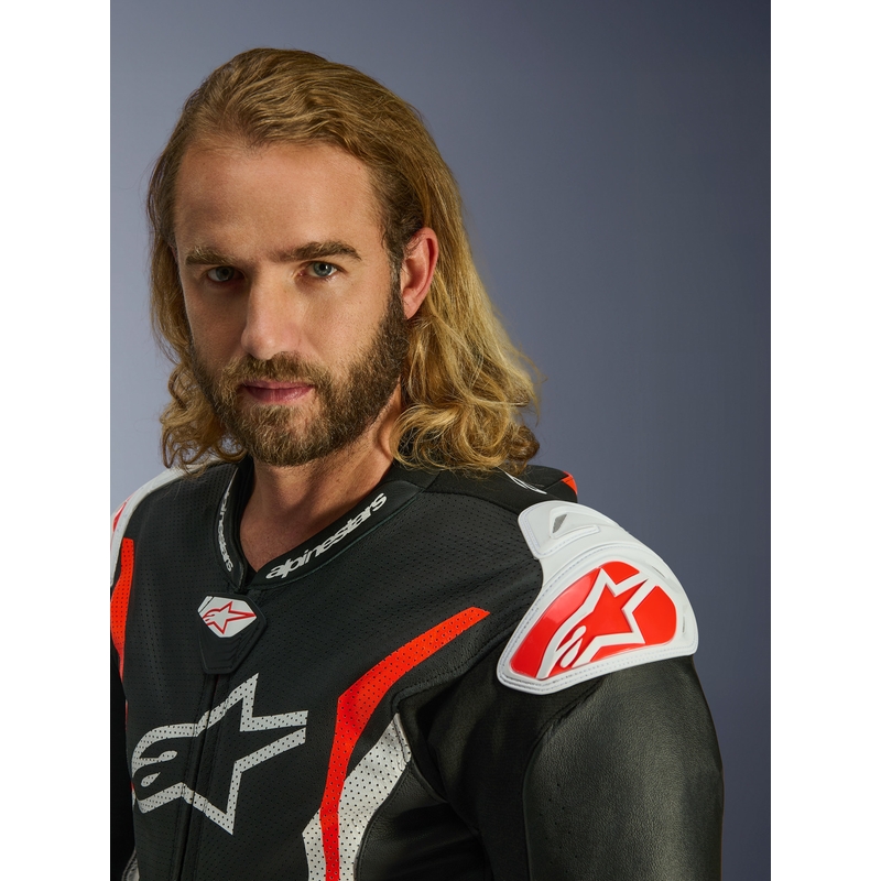 Costum de motocicletă din piele Alpinestars GP TECH V5 negru-alb-roșu fluo