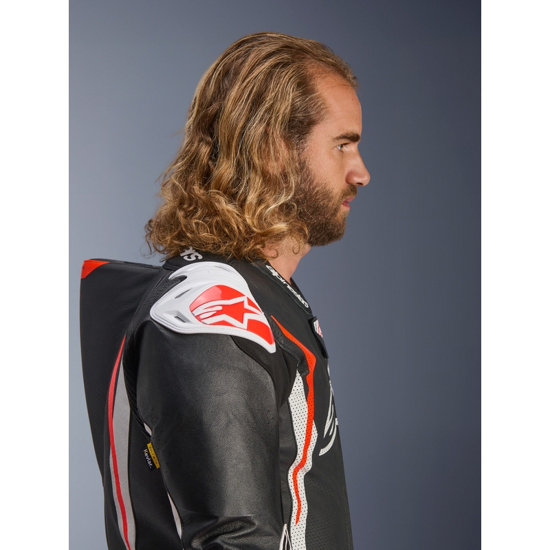 Costum de motocicletă din piele Alpinestars GP TECH V5 negru-alb-roșu fluo