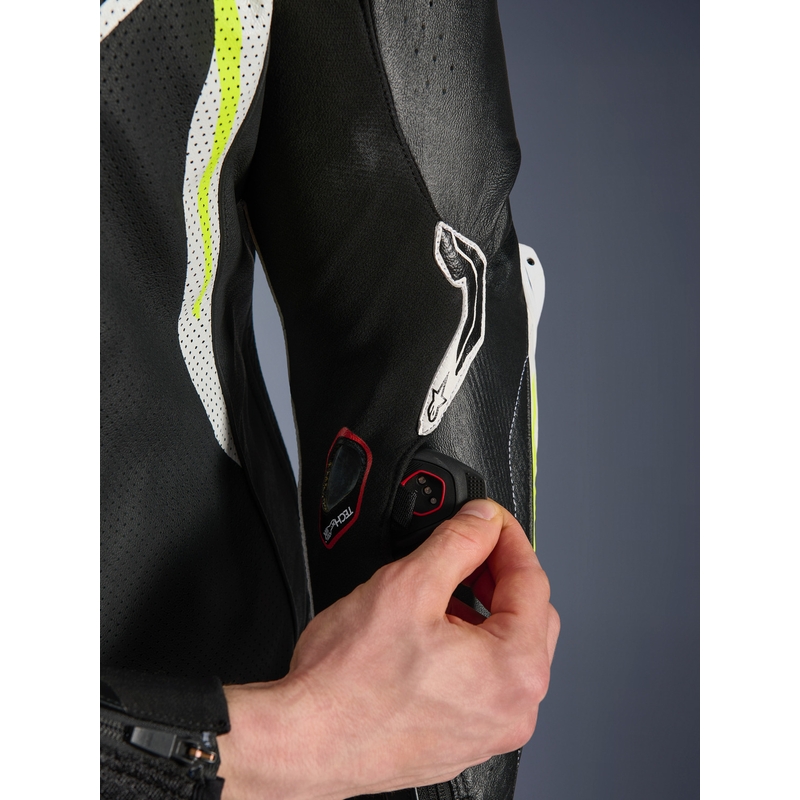 Costum de motocicletă din piele Alpinestars GP TECH V5 negru-alb-galben fluo