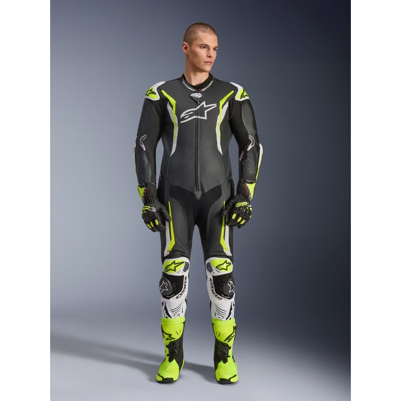 Costum de motocicletă din piele Alpinestars GP TECH V5 negru-alb-galben fluo