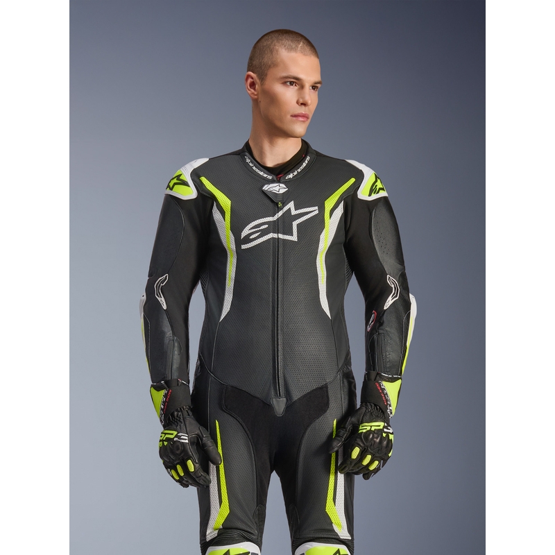 Costum de motocicletă din piele Alpinestars GP TECH V5 negru-alb-galben fluo