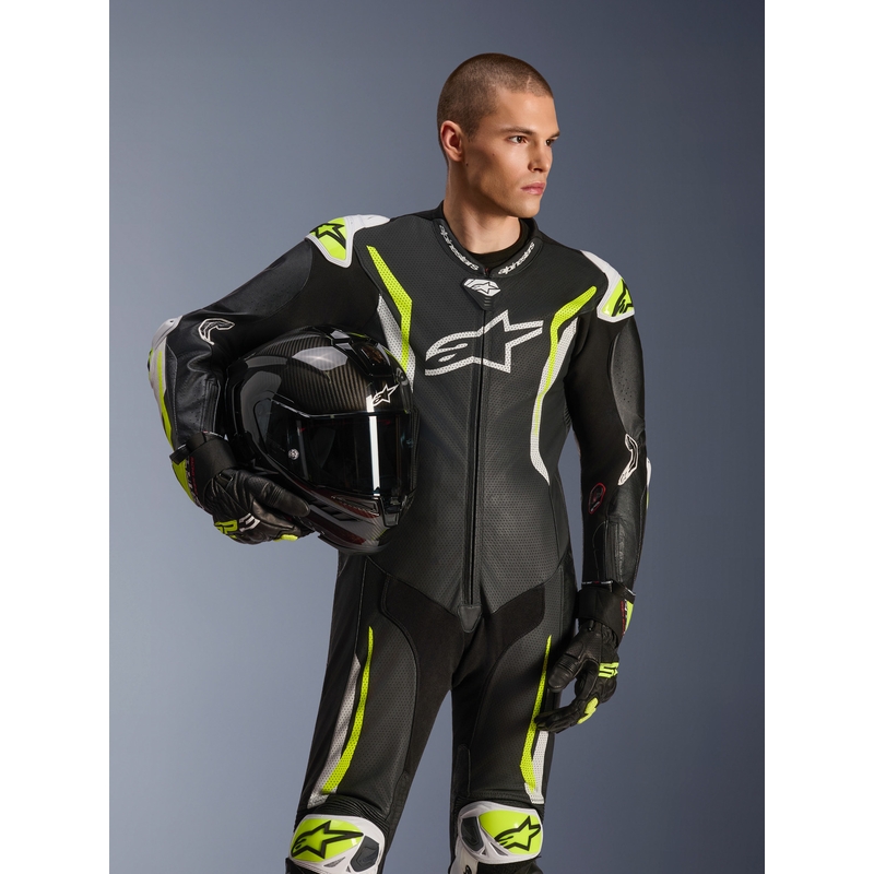 Costum de motocicletă din piele Alpinestars GP TECH V5 negru-alb-galben fluo