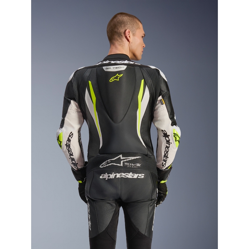 Costum de motocicletă din piele Alpinestars GP TECH V5 negru-alb-galben fluo