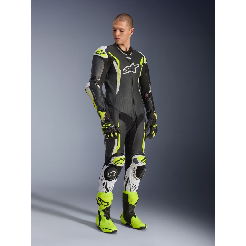 Costum de motocicletă din piele Alpinestars GP TECH V5 negru-alb-galben fluo